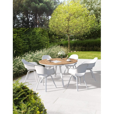 Ensemble de jardin Viaro en aluminium blanc avec plateau de table en teck naturel et 6 chaises de jardin Artena