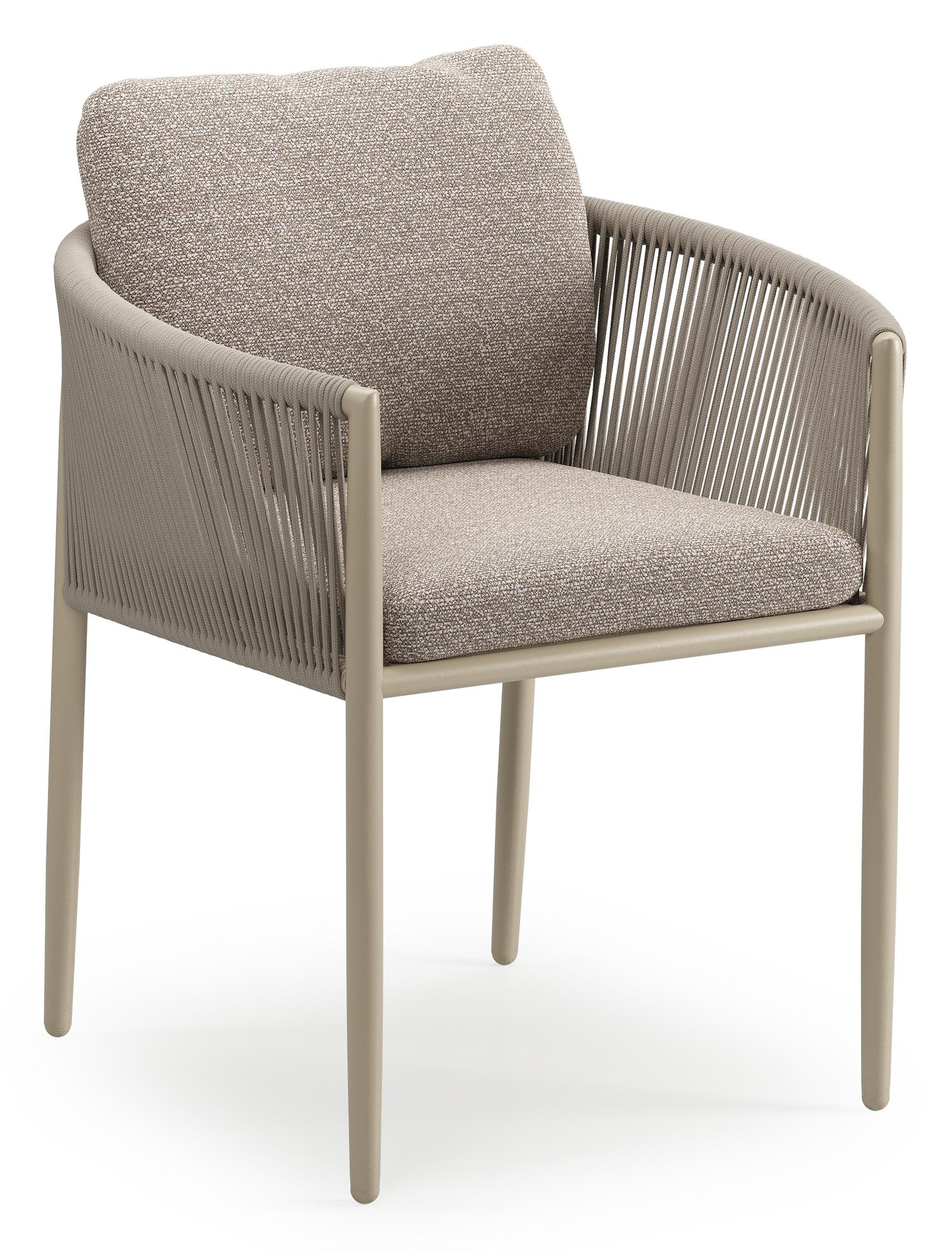 Organo tuinstoel in zwart aluminium en beige verticaal geweven ronde rope met stoelkussen in All Weather Sunbrella® Luxe Wander Manioc