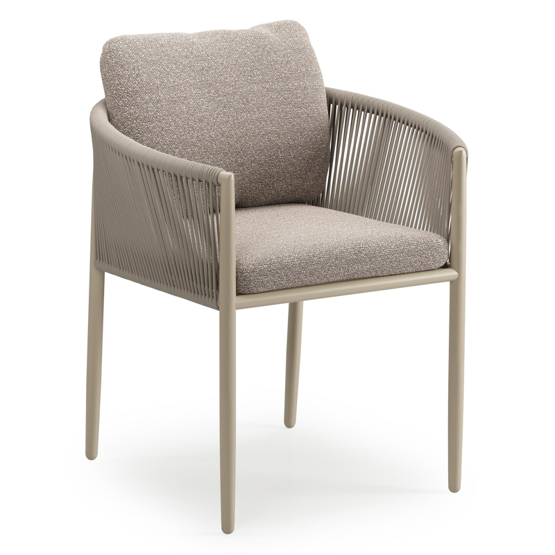 Organo tuinstoel in zwart aluminium en beige verticaal geweven ronde rope met stoelkussen in All Weather Sunbrella® Luxe Wander Manioc