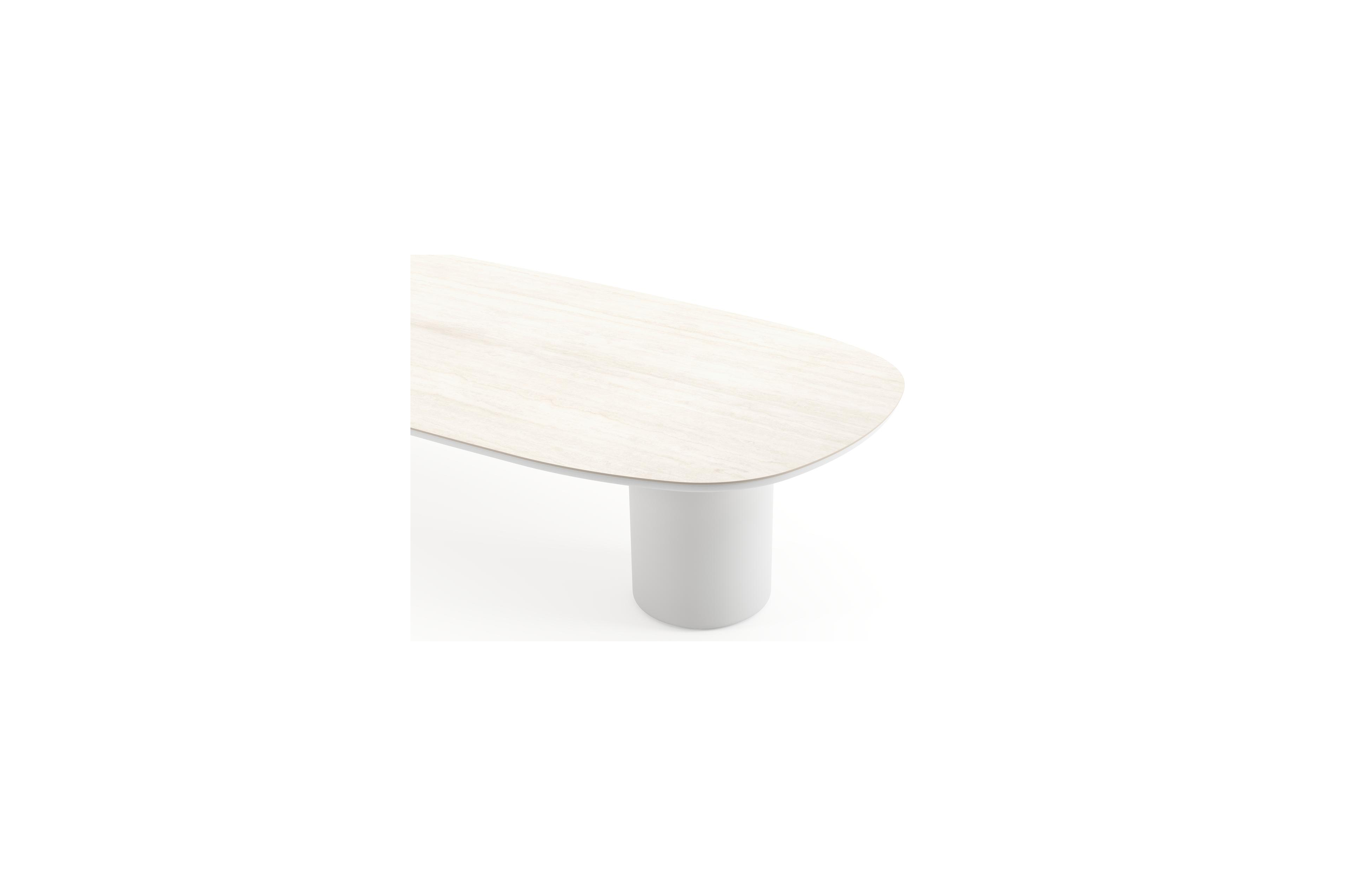 Amico low dining tuintafel bombo in wit aluminium en volkeramiek Travertino Bianco - L 320 x B 130 x H 61 cm