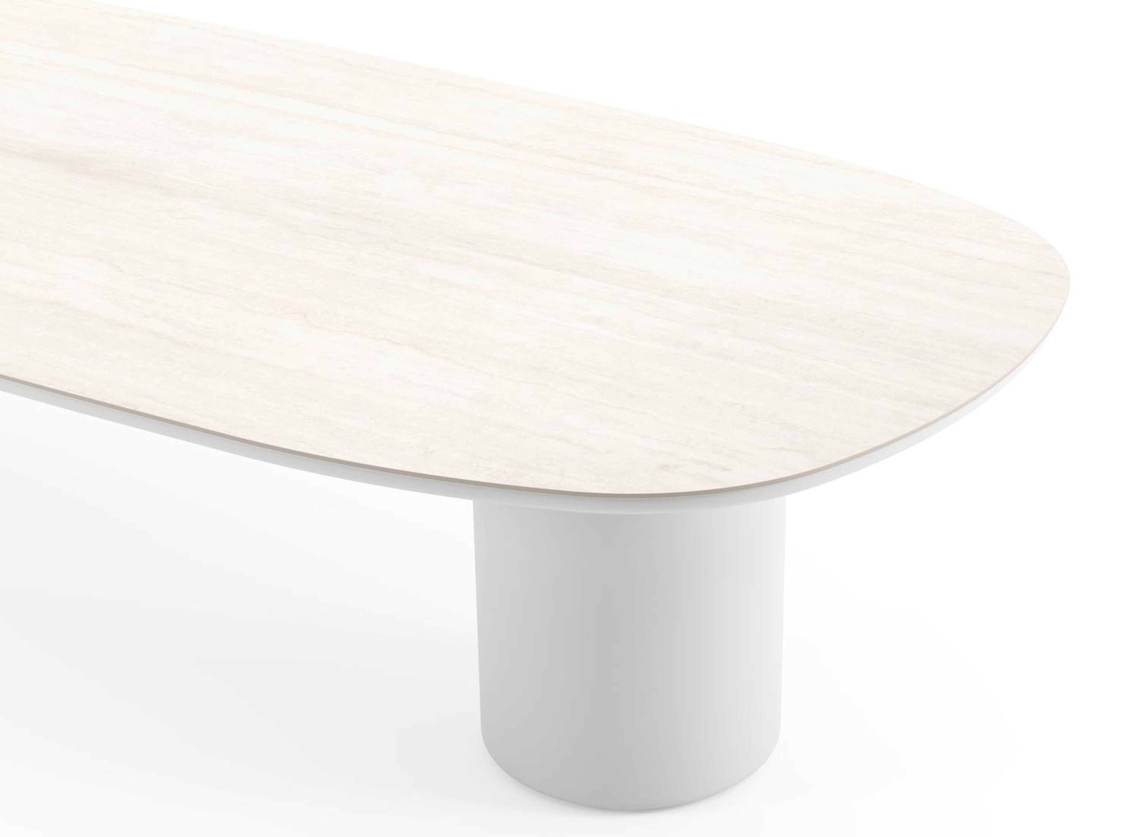 Amico low dining tuintafel bombo in wit aluminium en volkeramiek Travertino Bianco - L 320 x B 130 x H 61 cm