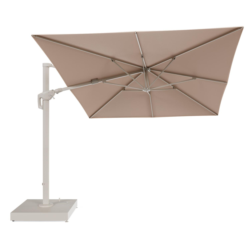 Parasol pendant Minore avec fonction tilt en aluminium beige et toile de parasol All Weather Sunbrella® Luxe Natte Linen Chalk - Lg1 400 x Lg2 300 cm avec pied de parasol Minore 260 kg avec roulettes