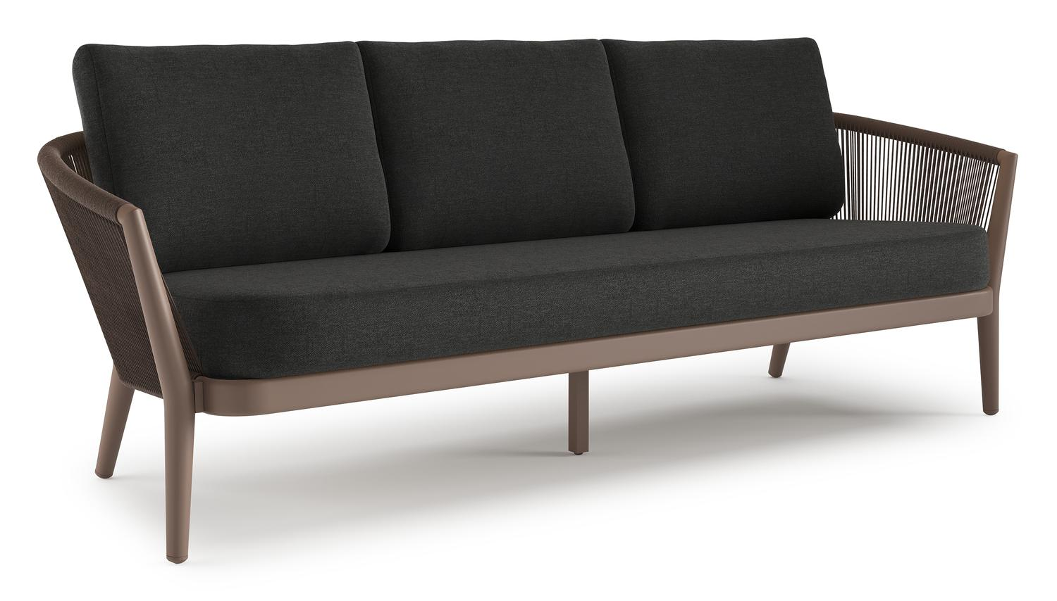 Canapé de jardin Orso en aluminium taupe en corde ronde tissée verticalement noir et coussins en all weather sunbrella® luxe Chartres Sooty