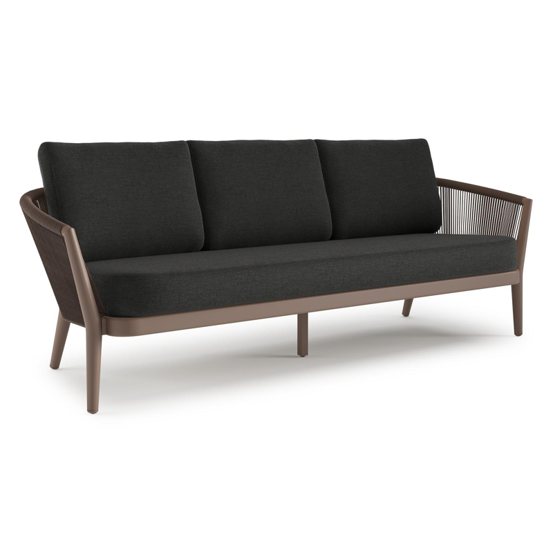 Canapé de jardin Orso en aluminium taupe en corde ronde tissée verticalement noir et coussins en all weather sunbrella® luxe Chartres Sooty