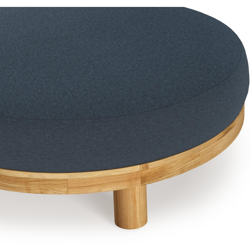 Donato lounge poef in teak en beige verticaal geweven ronde rope met all weather sunbrella® luxe Heritage Indigo kussen