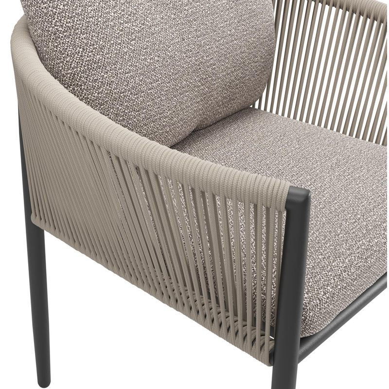 Organo tuinstoel in zwart aluminium en zwart verticaal geweven ronde rope met stoelkussen in All Weather Sunbrella® Luxe Wander Granite