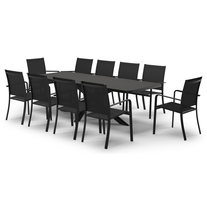 Estella verlengbare tuinset rechthoekig in zwart aluminium en sintered stone Notte minerale met 10 Calobra tuinstoelen