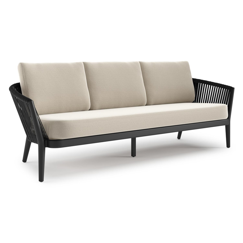 Orso loungebank in zwart aluminium en zwart verticaal geweven luxe vlakke rope met Lopi Marble all weather sunbrella® luxe kussen