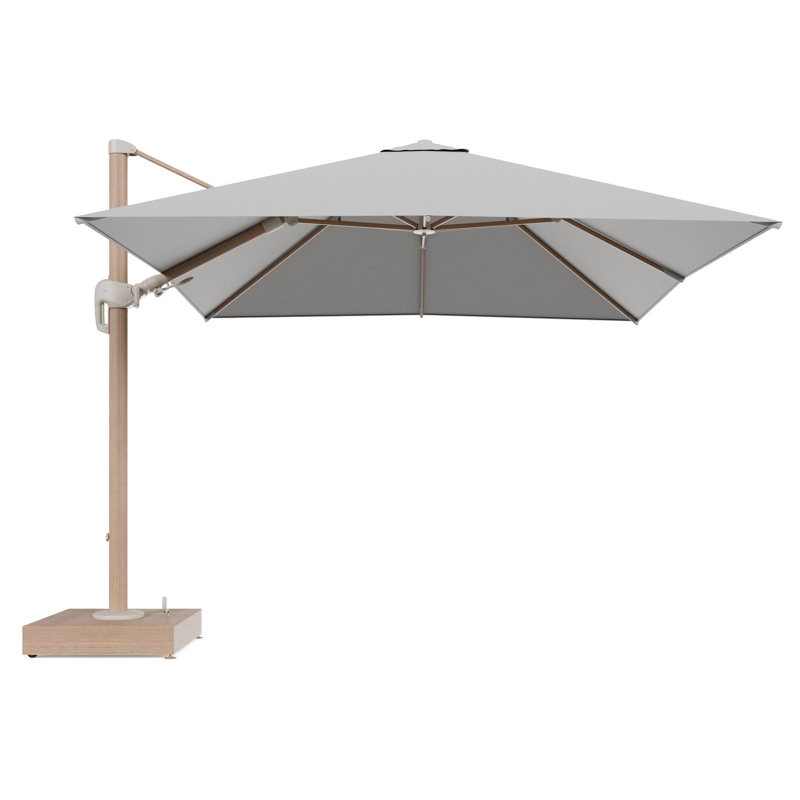 Rufina zweefparasol met tiltfunctie in houtlook aluminium en Savane Nimbus All Weather Sunbrella® Luxe parasoldoek - L1 300 x L2 300 cm met parasolvoet Minore 150 kg met wielen