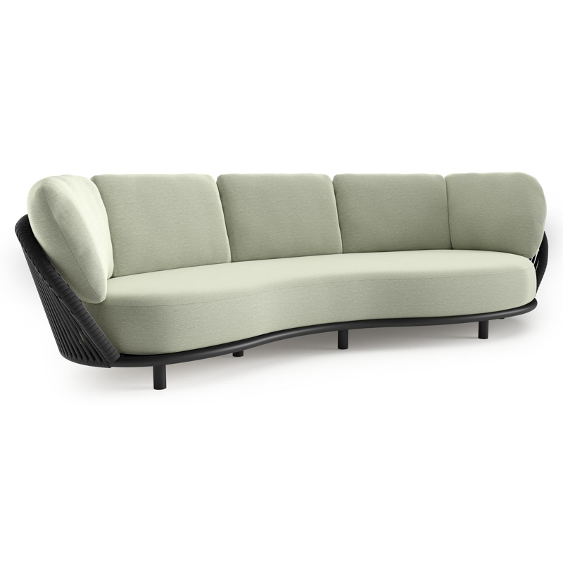 Lupino loungebank in zwart aluminium en zwart verticaal geweven luxe vlakke brede rope met slow spirea all weather sunbrella® luxe kussen