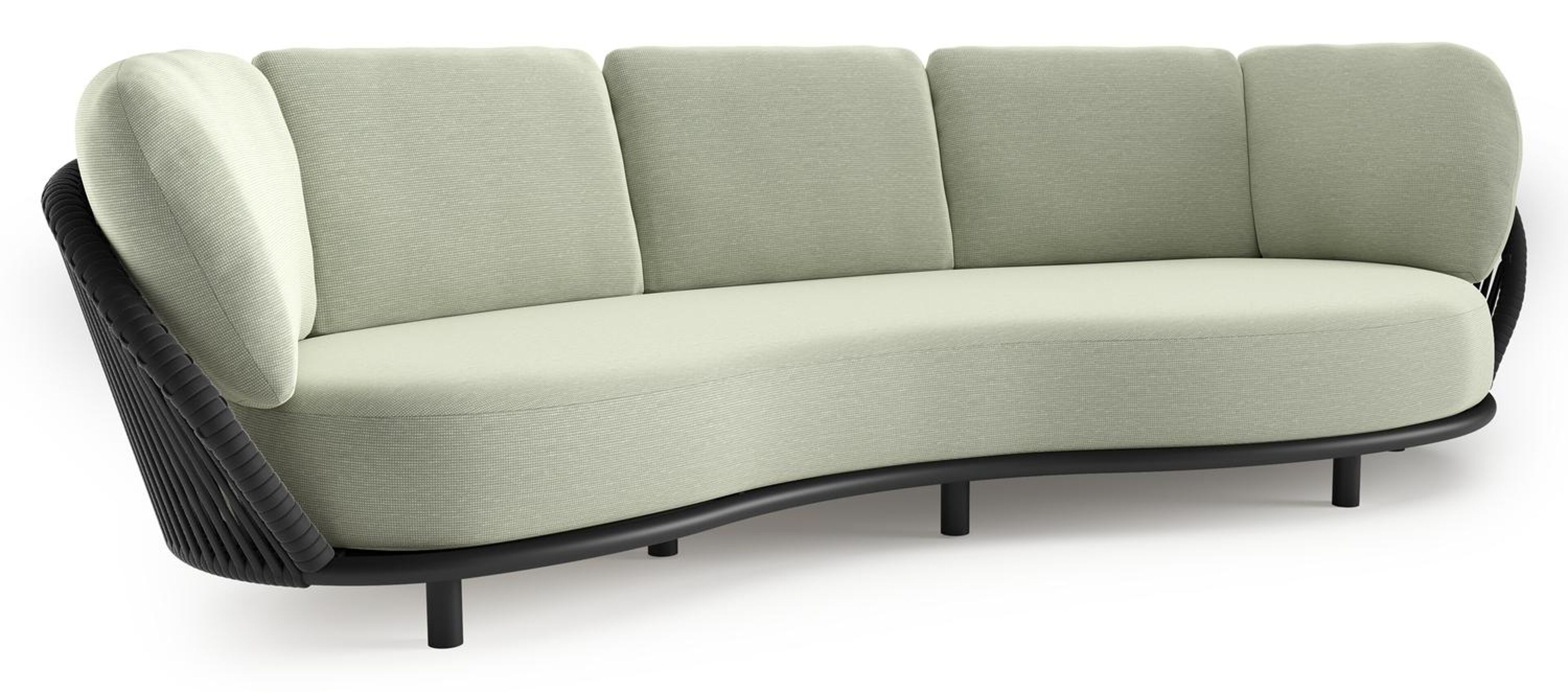 Lupino loungebank in zwart aluminium en zwart verticaal geweven luxe vlakke brede rope met slow spirea all weather sunbrella® luxe kussen