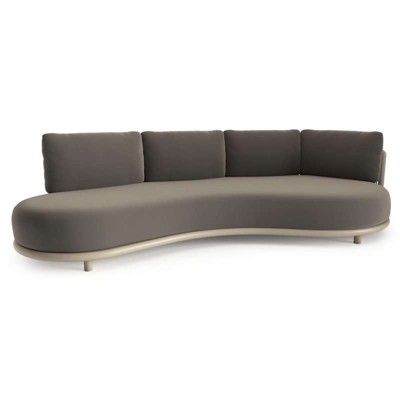 Lomano loungebank in beige aluminium en beige verticaal geweven luxe vlakke rope met natte carbon beige all weather sunbrella® luxe kussen