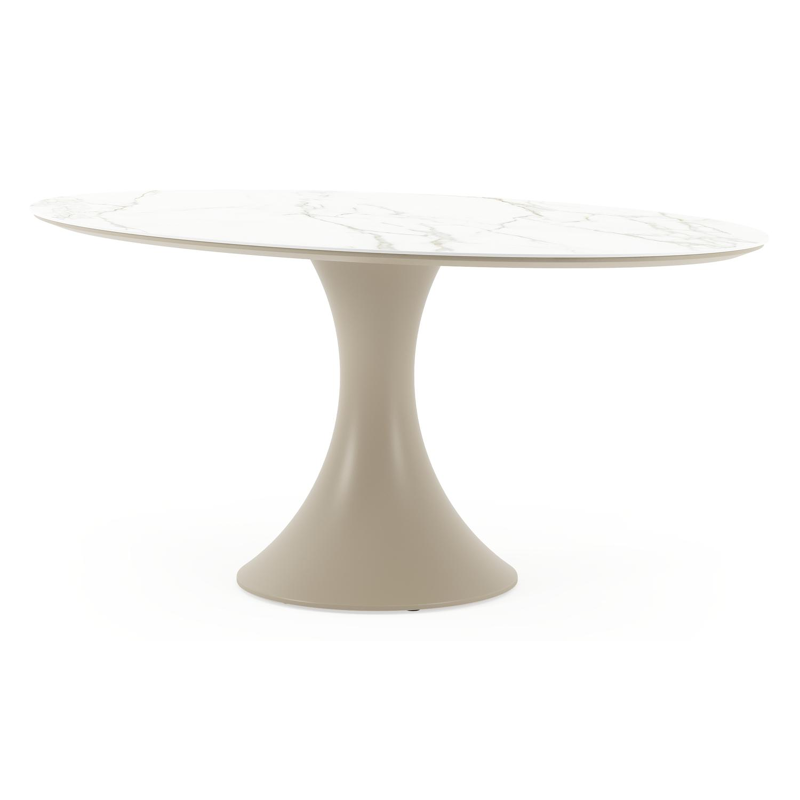 Table de jardin Fano ovale en aluminium beige et céramique pleine Calacatta - Lg. 180 x Lrg. 110 x Haut. 75 cm