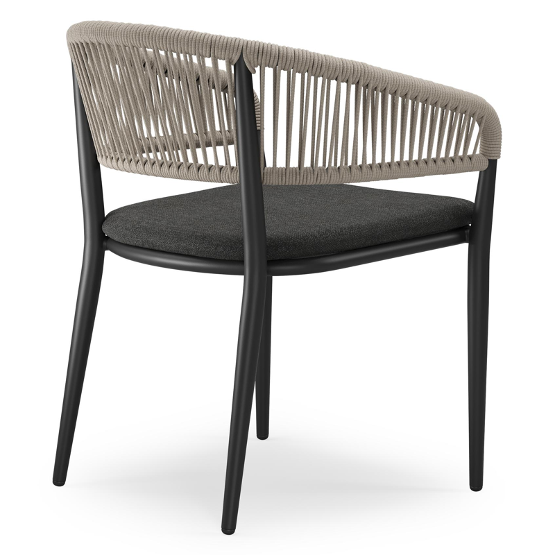 Tolfa stapelbare tuinstoel in zwart aluminium en beige verticaal geweven ronde rope met stoelkussen in All Weather Sunbrella® Luxe Chartres Sooty