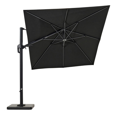 Rufina zweefparasol met tiltfunctie in zwart aluminium met zwart all weather sunbrella® premium parasoldoek - L1: 250 x L2: 350 cm (met voet)