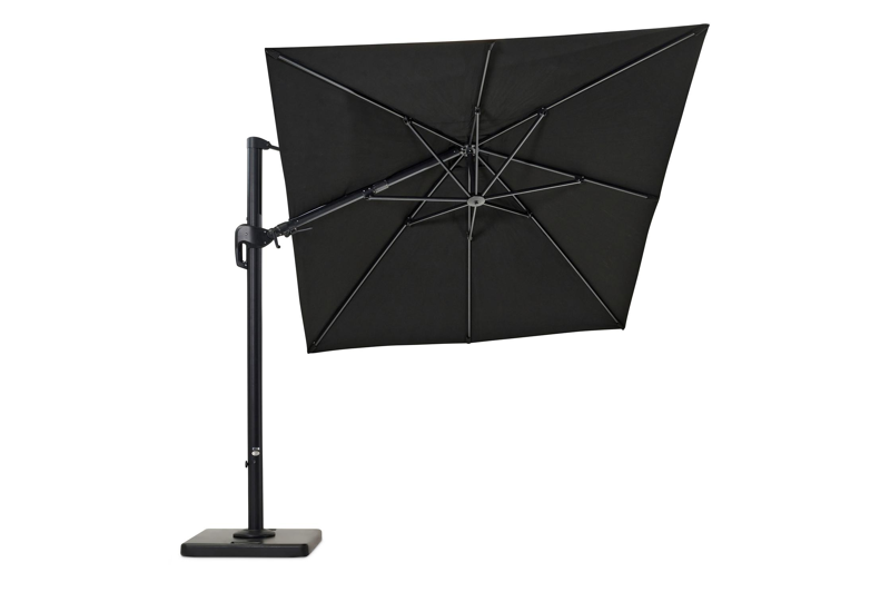 Rufina zweefparasol met tiltfunctie in zwart aluminium met zwart all weather sunbrella® premium parasoldoek - L1: 250 x L2: 350 cm (met voet)