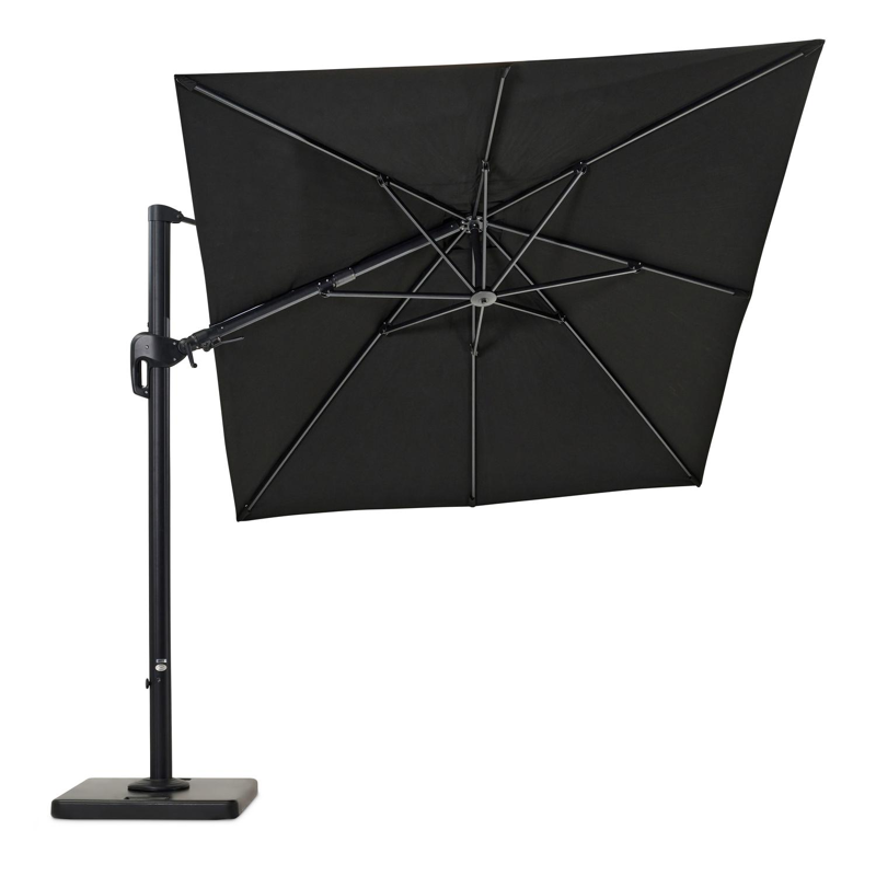 Rufina zweefparasol met tiltfunctie in zwart aluminium met zwart all weather sunbrella® premium parasoldoek - L1: 250 x L2: 350 cm (met voet)