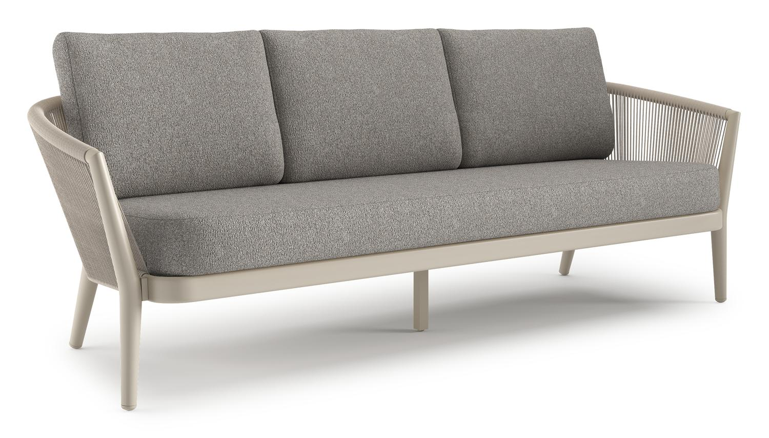 Canapé de jardin Orso en aluminium beige en corde ronde tissée verticalement beige et coussins en all weather sunbrella® luxe Tundra Charcoal