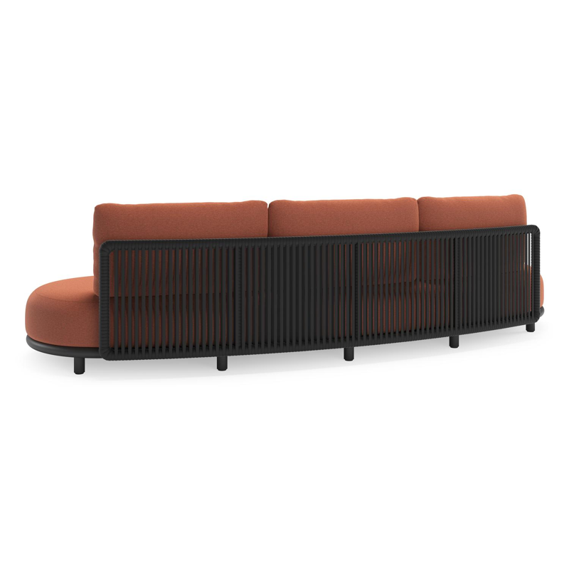 Lomano loungebank in zwart aluminium en zwart verticaal geweven luxe vlakke rope met heritage rust all weather sunbrella® luxe kussen