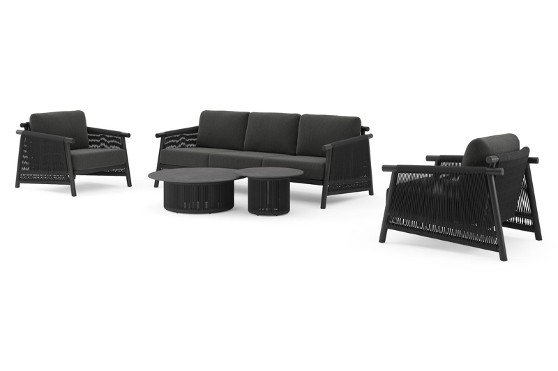 Erla loungeset in zwart aluminium met zwart weather+ softtouch kussens en loungetafel