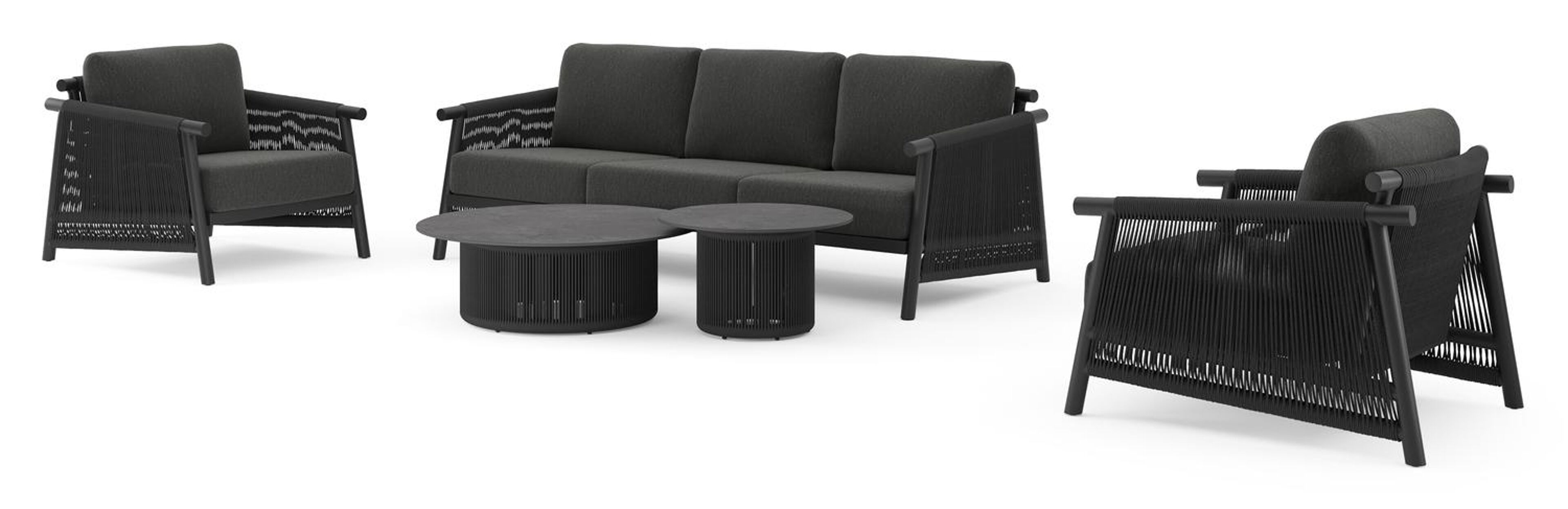 Erla loungeset in zwart aluminium met zwart weather+ softtouch kussens en loungetafel