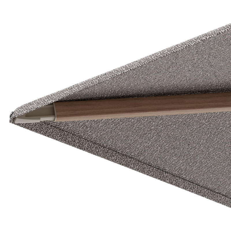Minore zweefparasol met tiltfunctie in houtlook aluminium en Wander Granite All Weather Sunbrella® Luxe parasoldoek - L1 400 x L2 300 cm met parasolvoet Minore 260 kg met wielen