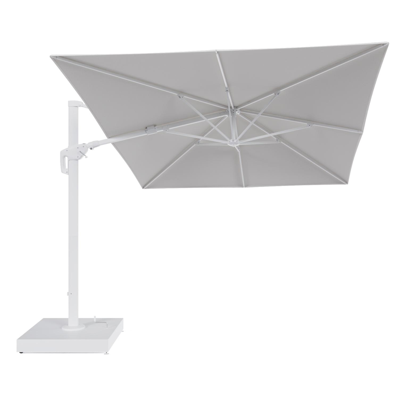 Minore zweefparasol met tiltfunctie in wit aluminium en Soul Optik All Weather Solica parasoldoek - L1 400 x L2 300 cm met parasolvoet Minore 260 kg met wielen