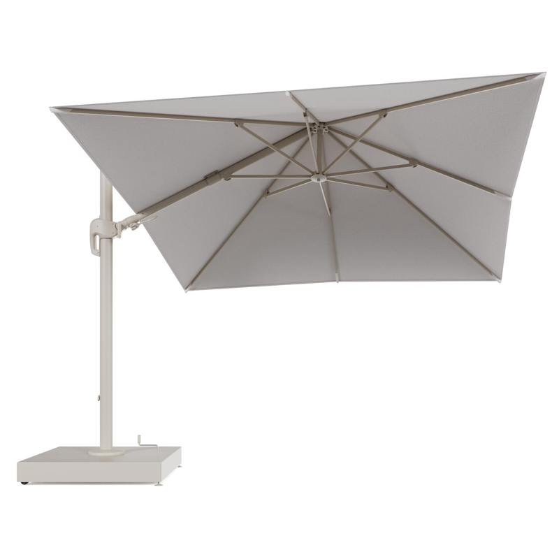 Rufina zweefparasol met tiltfunctie in beige aluminium en Ego Eggshell All Weather Solica parasoldoek - L1 300 x L2 300 cm met parasolvoet Minore 260 kg met wielen