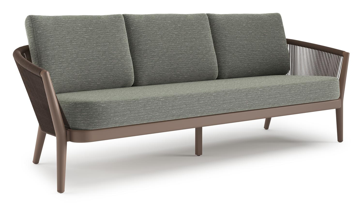 Canapé de jardin Orso en aluminium taupe en corde ronde tissée verticalement noir et coussins en all weather sunbrella® luxe Slow Fern