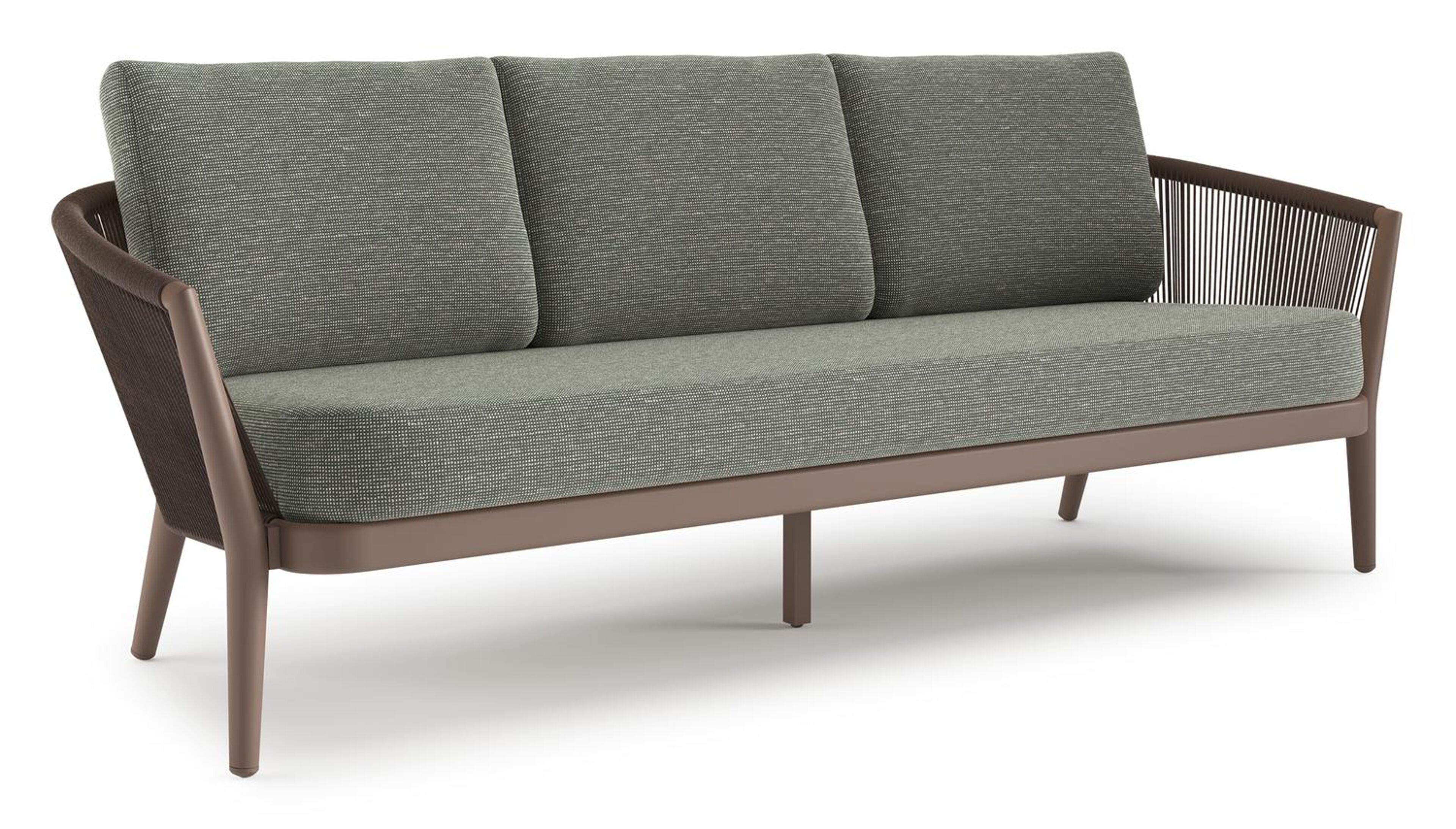 Canapé de jardin Orso en aluminium taupe en corde ronde tissée verticalement noir et coussins en all weather sunbrella® luxe Slow Fern