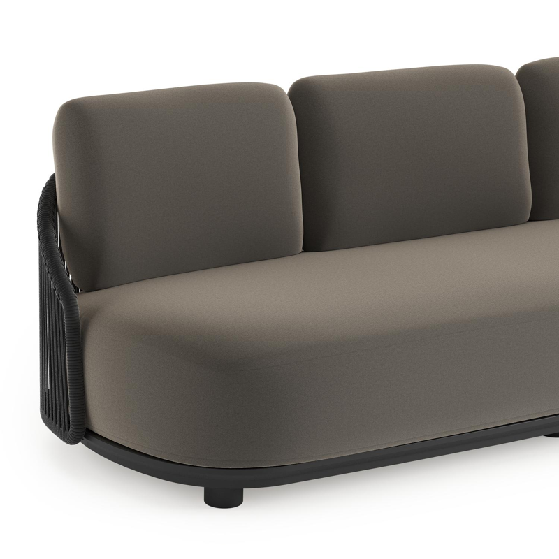 Salon de jardin Vadelo en aluminium noir et corde ronde tissée verticalement noir et coussins en all weather sunbrella® luxe natte carbon beige