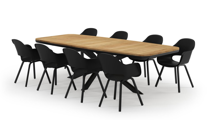 Pamplona bootvormige tuinset in zwart aluminium en teak natural finish met 8 Artena tuinstoelen