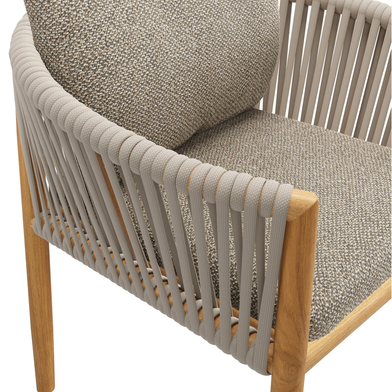 Organo tuinstoel in teak en beige verticaal geweven luxe vlakke rope met zitkussen in All Weather Cosytica Madagascar Burch