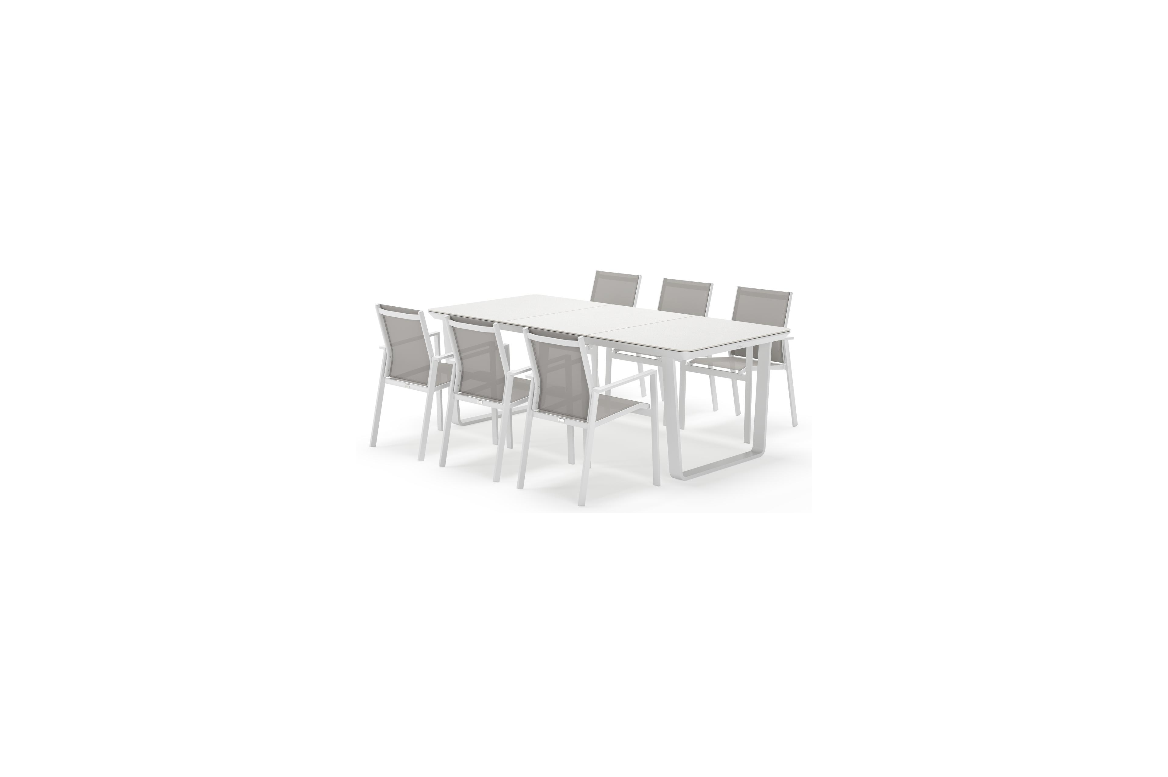 Alora tuinset afgerond rechthoekig in wit aluminium en sintered stone grijs met 6 Bahia tuinstoelen