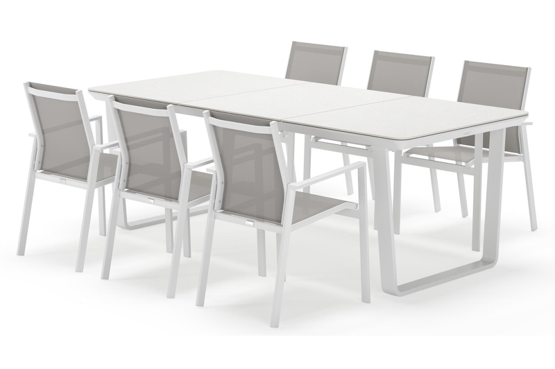 Alora tuinset afgerond rechthoekig in wit aluminium en sintered stone grijs met 6 Bahia tuinstoelen