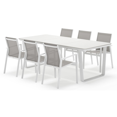 Alora tuinset afgerond rechthoekig in wit aluminium en sintered stone grijs met 6 Bahia tuinstoelen