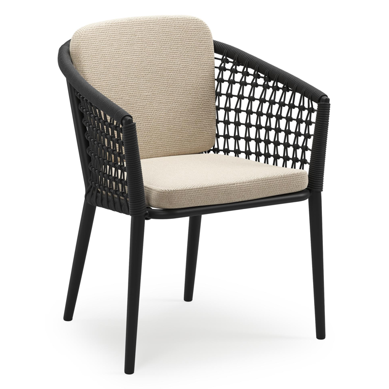 Orso stapelbare tuinstoel in zwart aluminium en zwart visnet geweven ronde rope met stoelkussen in All Weather Cosytica Althea Chalk