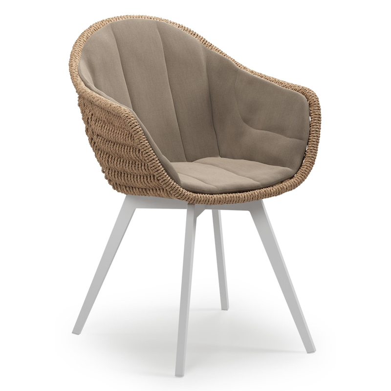 Pagino tuinstoel in wit aluminium en naturel ronde wicker met zitkussen in All Weather Sunbrella® Luxe Natte Heather Grey