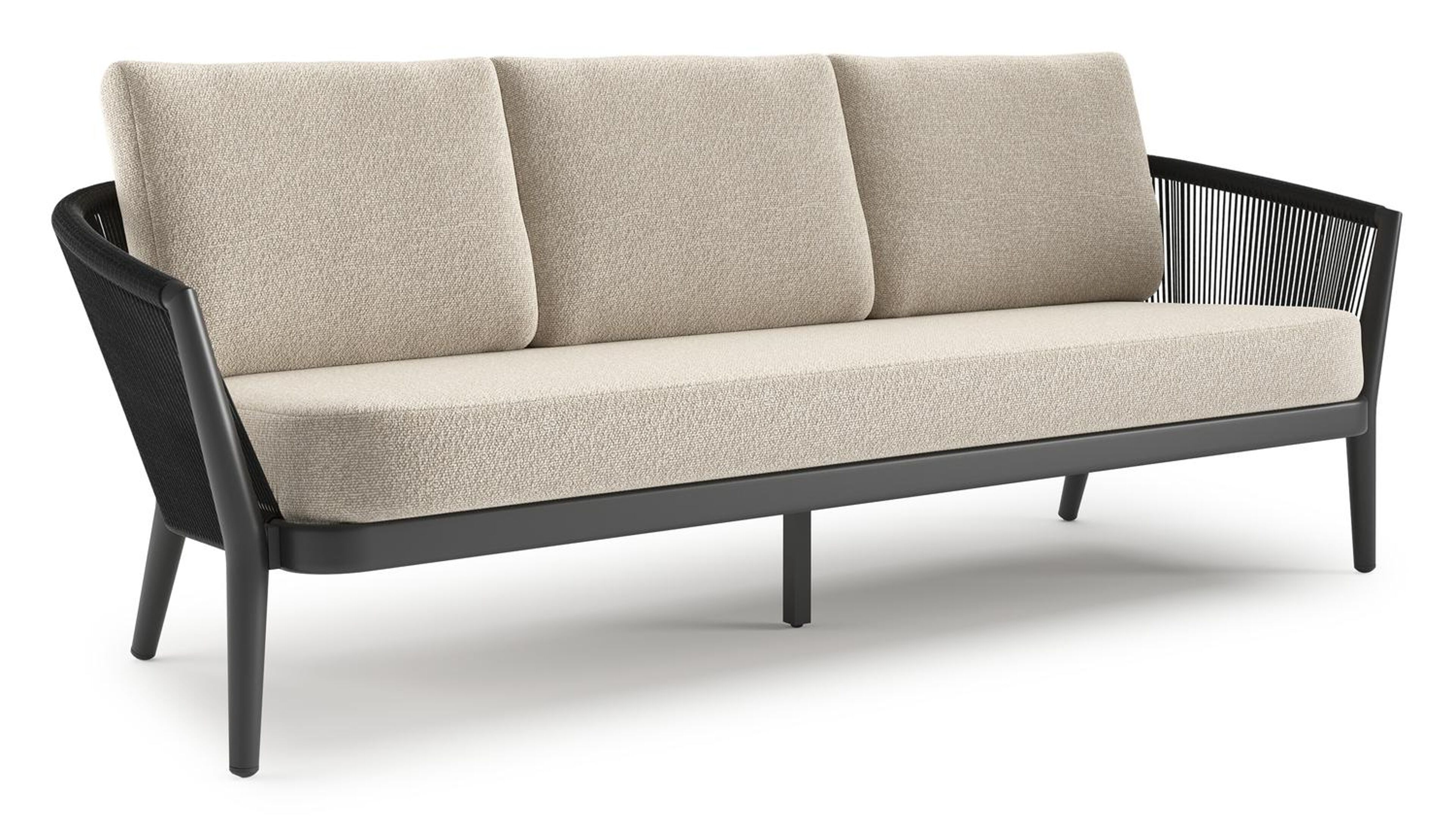Orso loungebank in zwart aluminium en zwart verticaal geweven ronde rope met Marbella Ecru all weather cosytica kussen