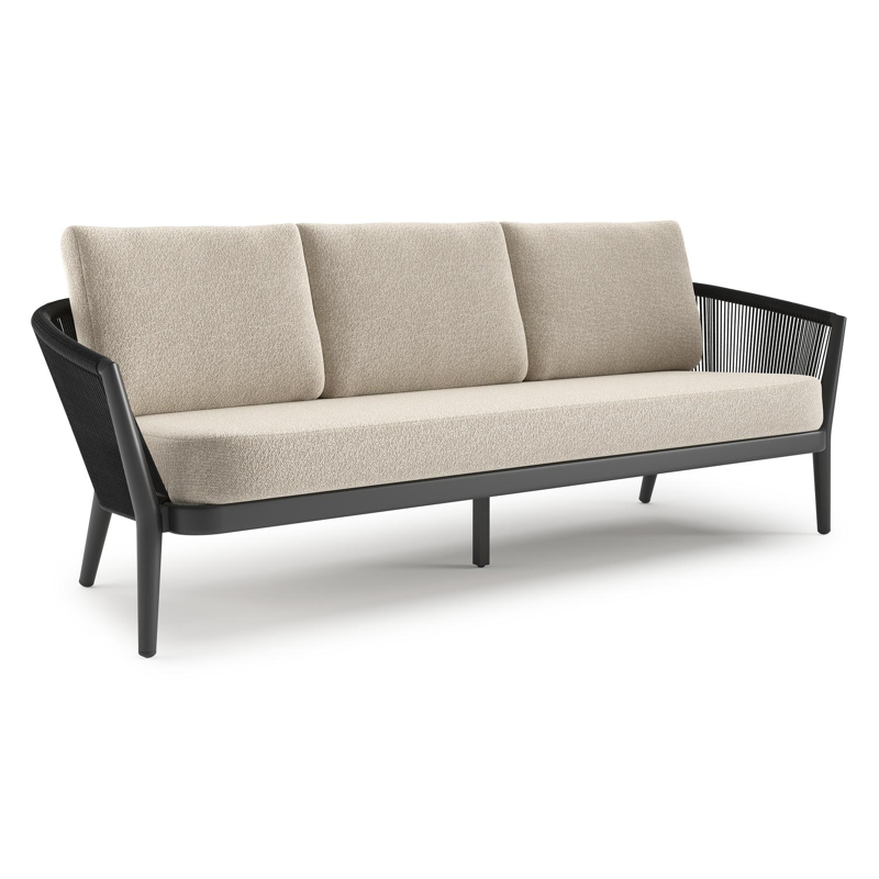 Orso loungebank in zwart aluminium en zwart verticaal geweven ronde rope met Marbella Ecru all weather cosytica kussen