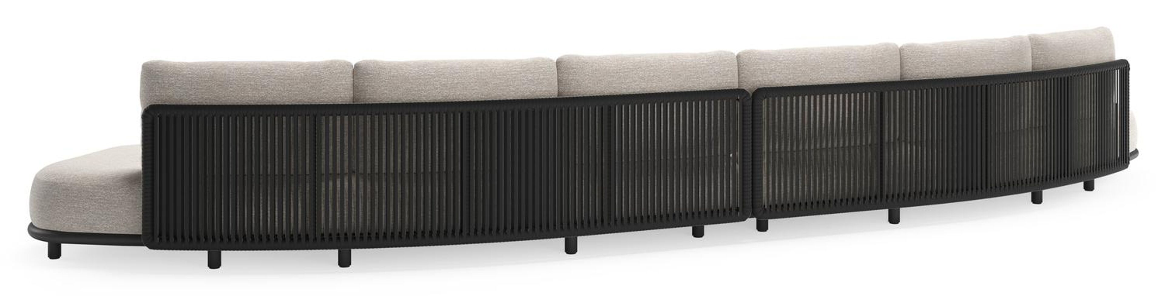 Canapé de jardin Lomano en aluminium noir et corde luxe plate tissée verticalement beige et coussins en all weather sunbrella® luxe tundra sand