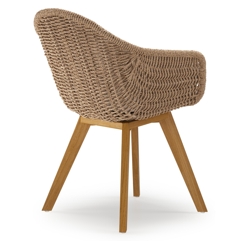 Pagino tuinstoel in teak en naturel ronde wicker met zitkussen in All Weather Sunbrella® Luxe Natte Linen Chalk