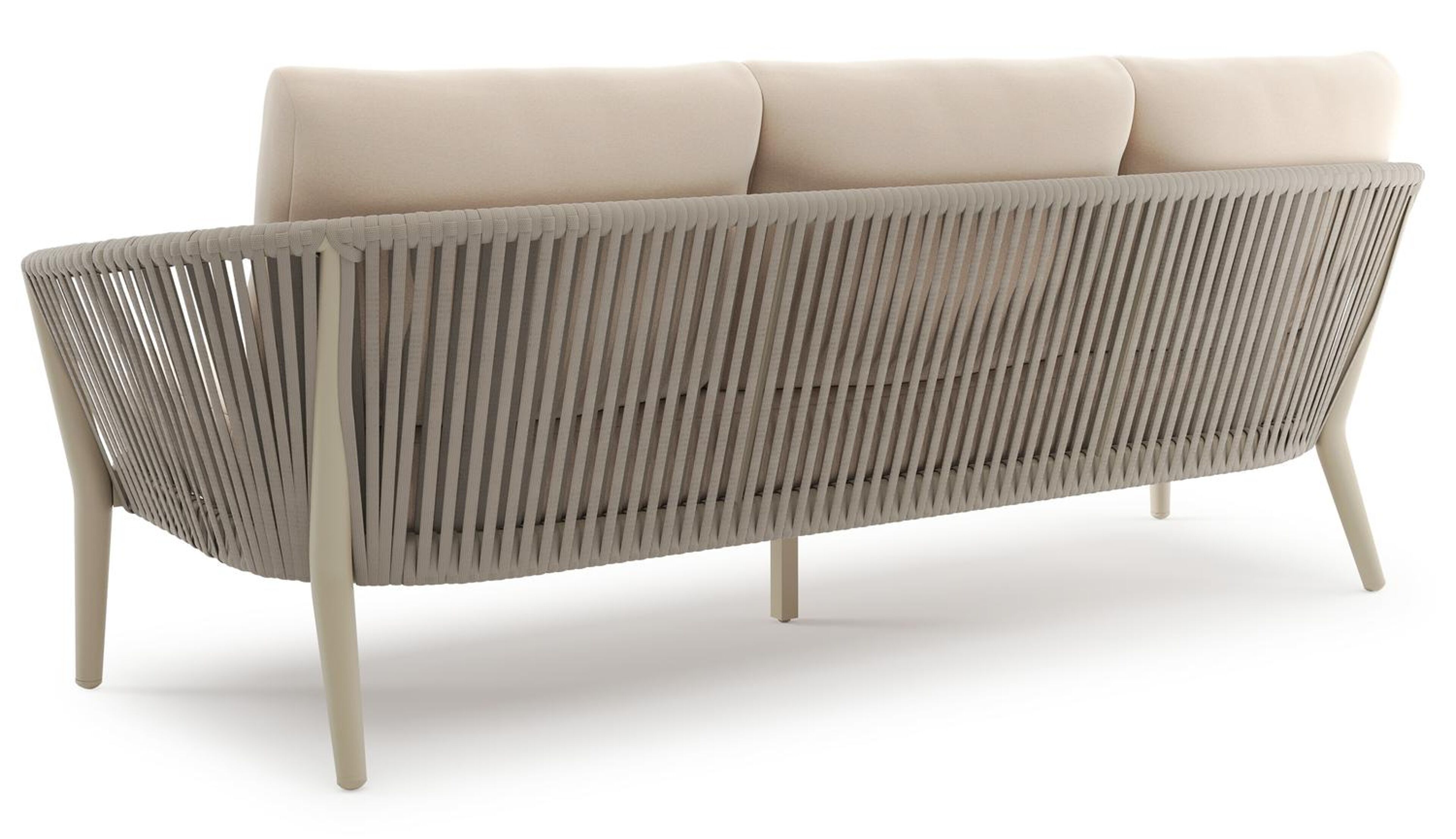 Canapé de jardin Orso en aluminium beige en corde luxe plate tissée verticalement beige et coussins en all weather sunbrella® luxe Natte Linen Chalk