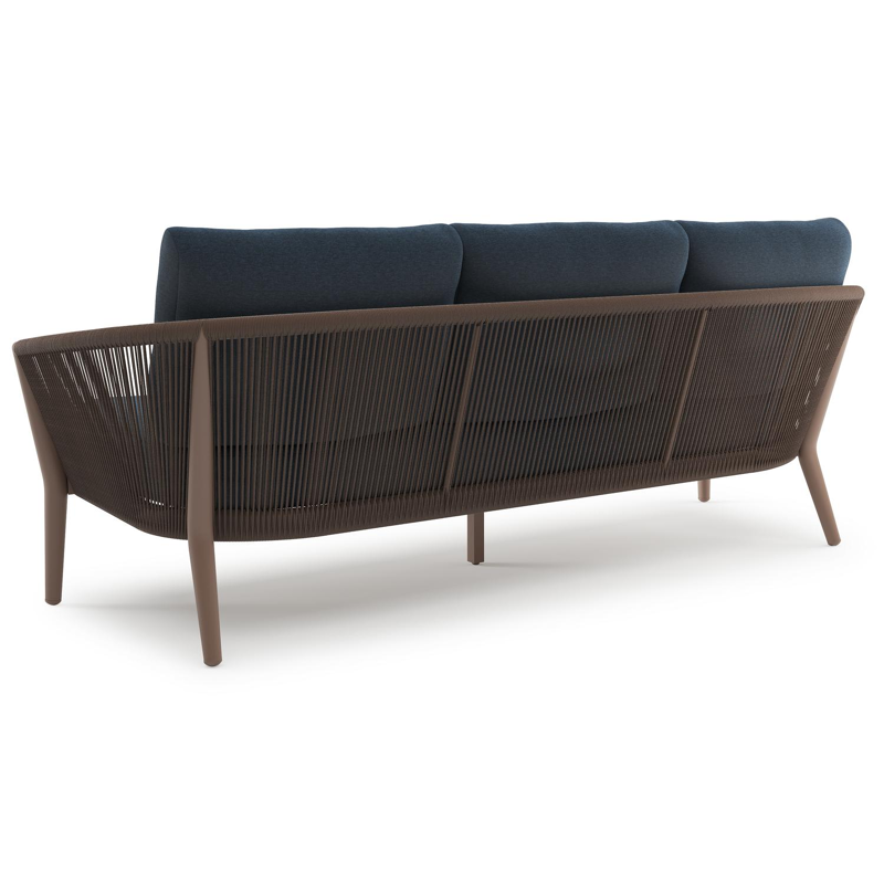 Orso loungeset in taupe aluminiumen zwart verticaal geweven ronde rope met Heritage Indigo All Weather Sunbrella® luxe kussen