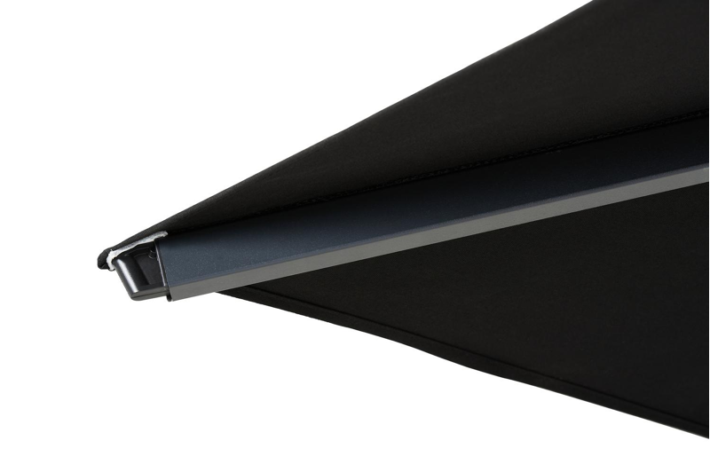 Solino staanparasol in zwart aluminium met zwart all weather sunbrella® Premium parasoldoek - L1 400 x L2 400 cm (met voet)