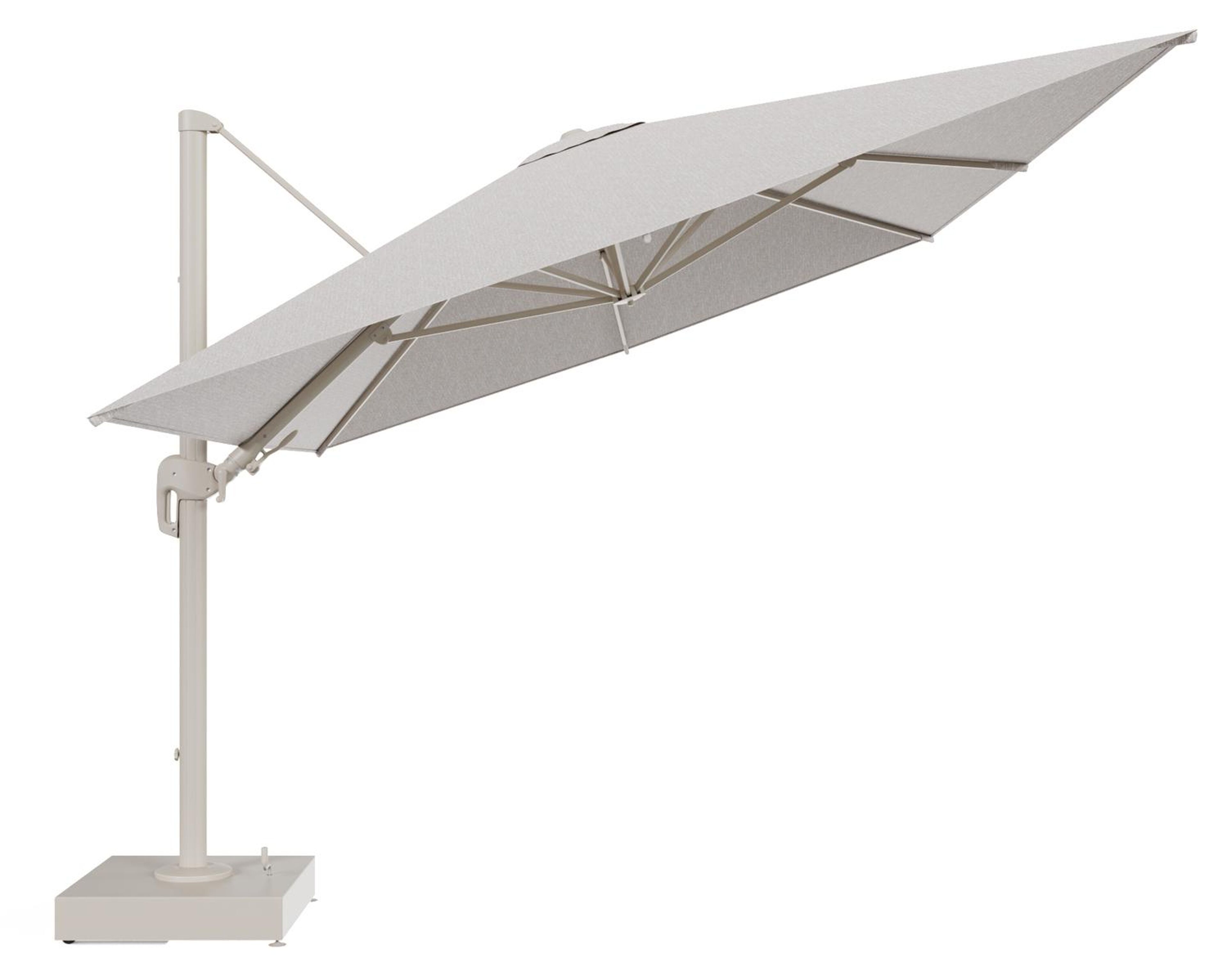 Rufina zweefparasol met tiltfunctie in beige aluminium en Tundra Sand All Weather Sunbrella® Luxe parasoldoek - L1 400 x L2 300 cm met parasolvoet Minore 150 kg met wielen