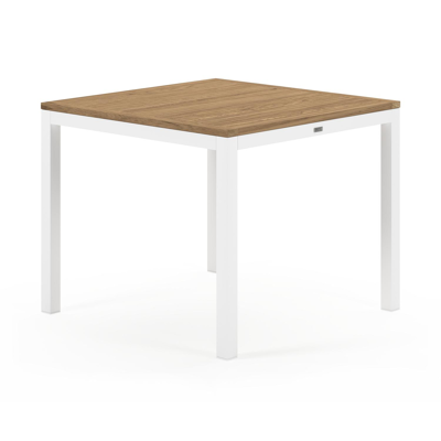 Ensemble de jardin Feltro en aluminium blanc avec plateau de table en teck naturel et 4 chaises de jardin empilables Bareto