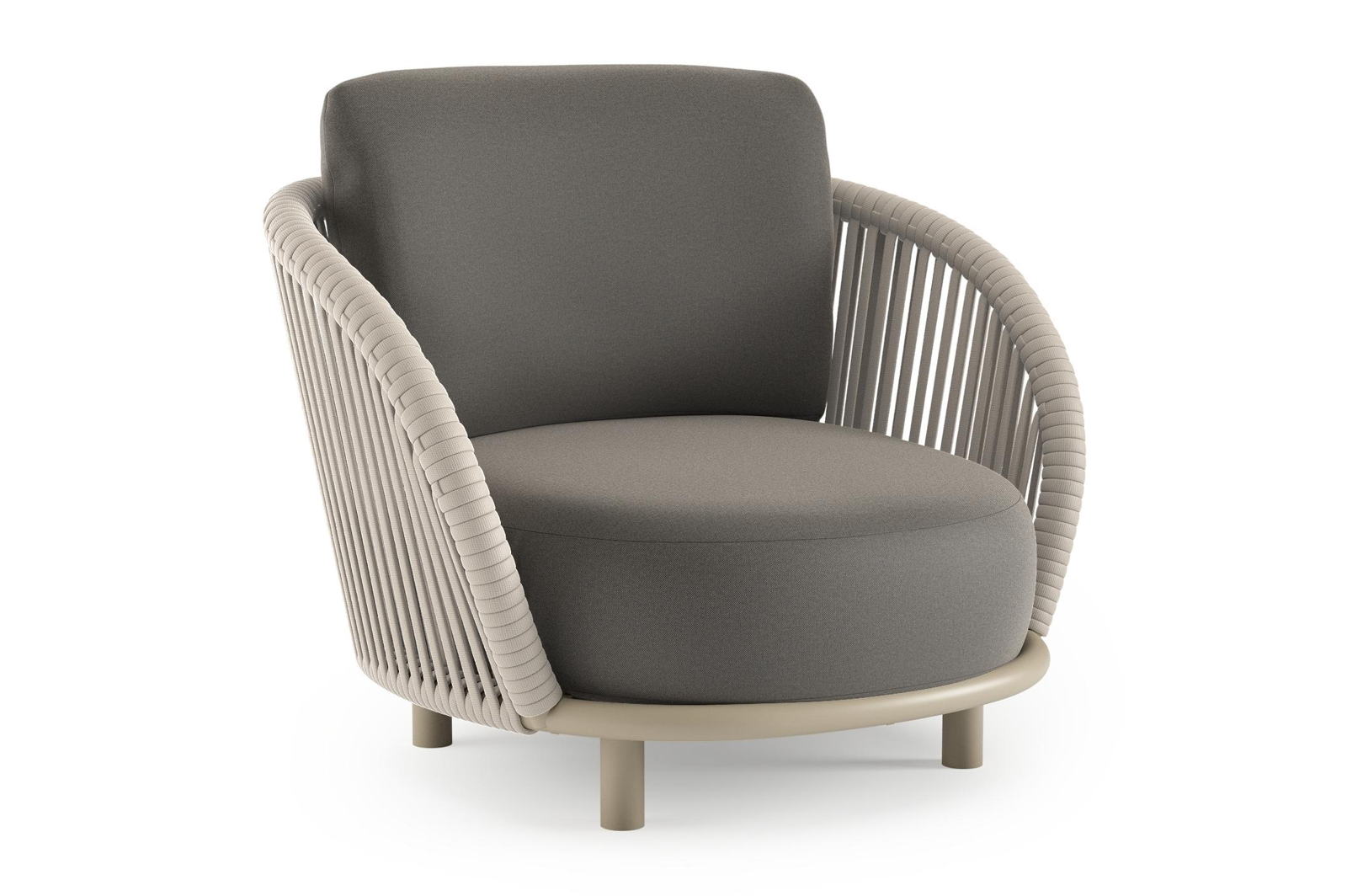 Lupino loungestoel in beige aluminium en beige verticaal geweven luxe vlakke brede rope met natte dark taupe all weather sunbrella® luxe kussen