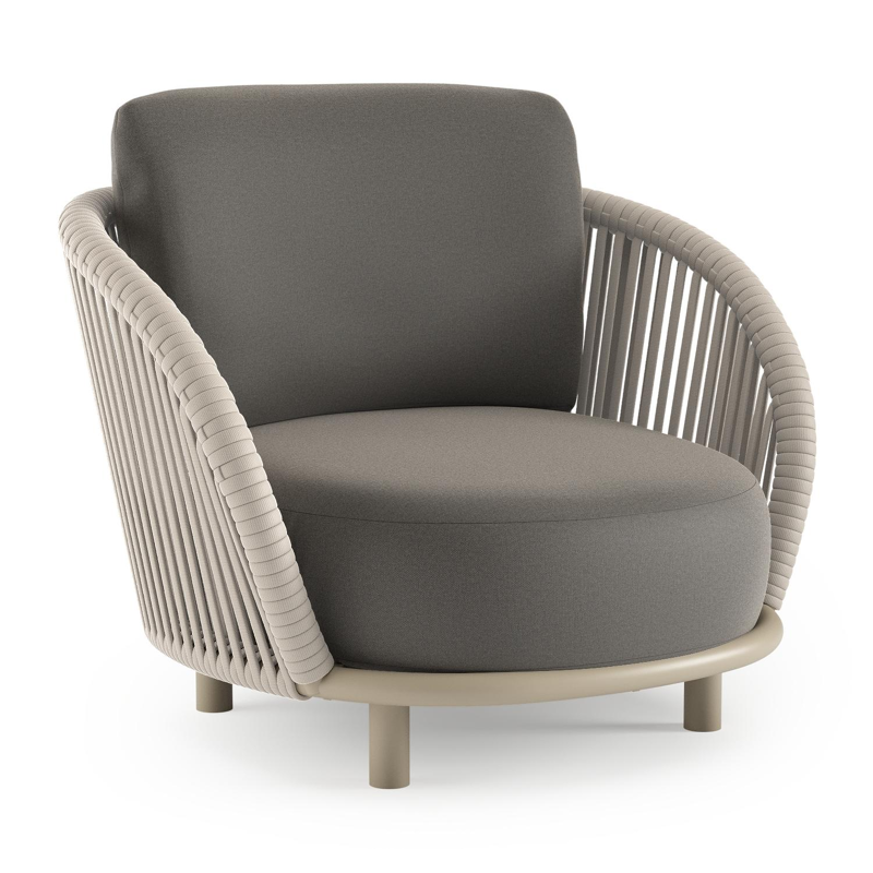 Fauteuil de jardin Lupino en aluminium beige et corde large plate de luxe tissée verticalement beige et coussins en all weather sunbrella® luxe natte dark taupe