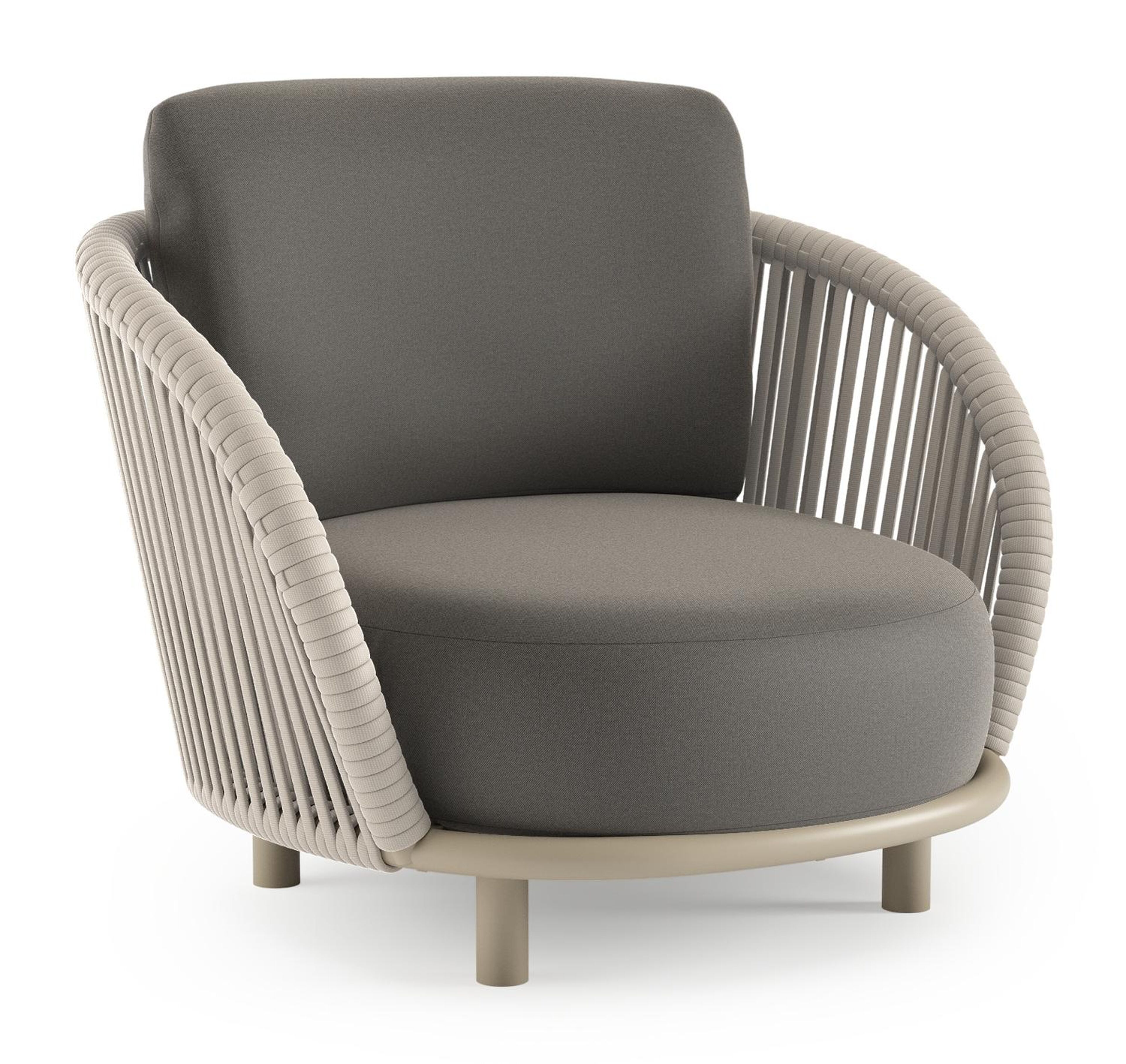 Fauteuil de jardin Lupino en aluminium beige et corde large plate de luxe tissée verticalement beige et coussins en all weather sunbrella® luxe natte dark taupe